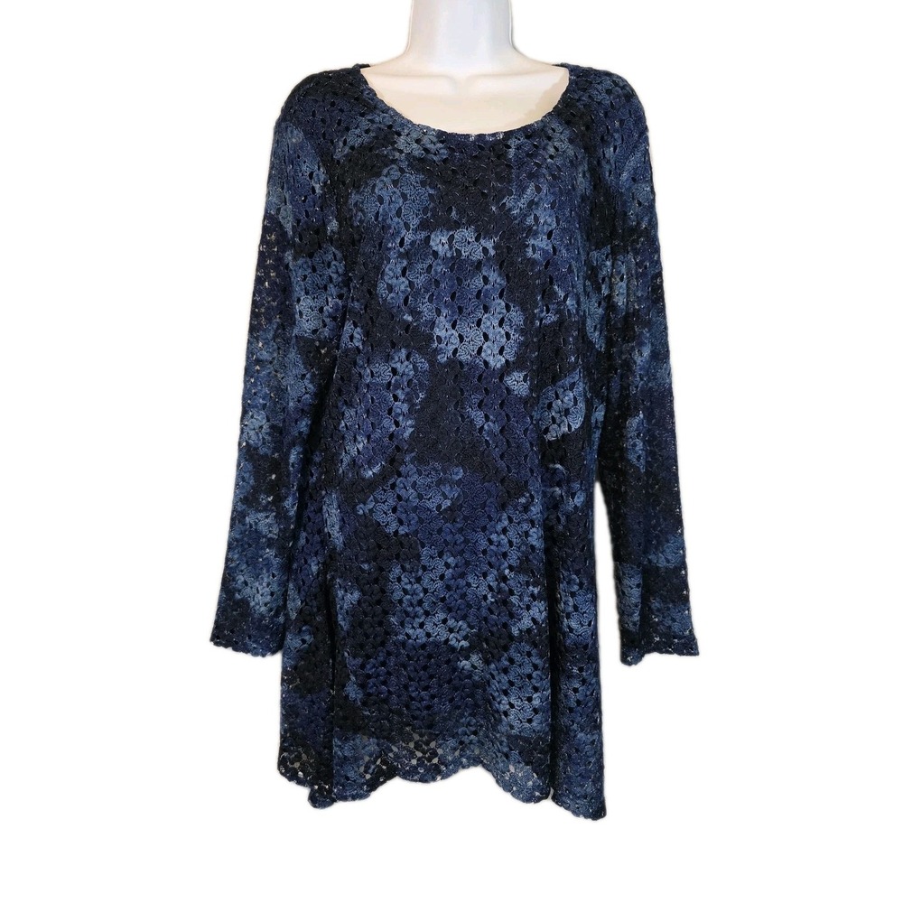 Style & Co Top Women XL Blue Black Lace Floral Crochet Long Slv Fairy WhimsiGoth